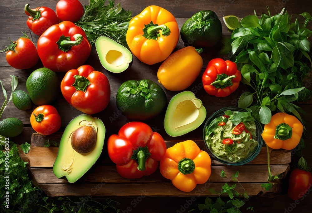 vibrant close fresh ingredients featuring lush green juicy red bright bell creamy aromatic garlic culinary inspiration, avocados, colorful, herbs, vegetables vibrant close fresh ingredients featuring lush green juicy red bright bell creamy aromatic garlic culinary inspiration, avocados, colorful, herbs, vegetables
