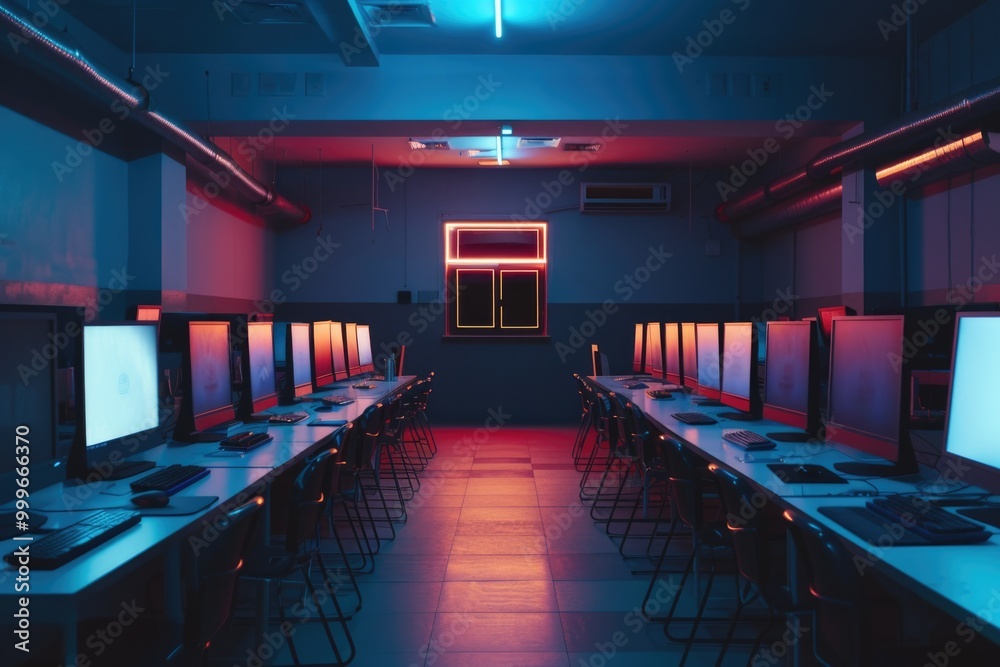 Row of computers sitting on a desk Row of computers sitting on a desk