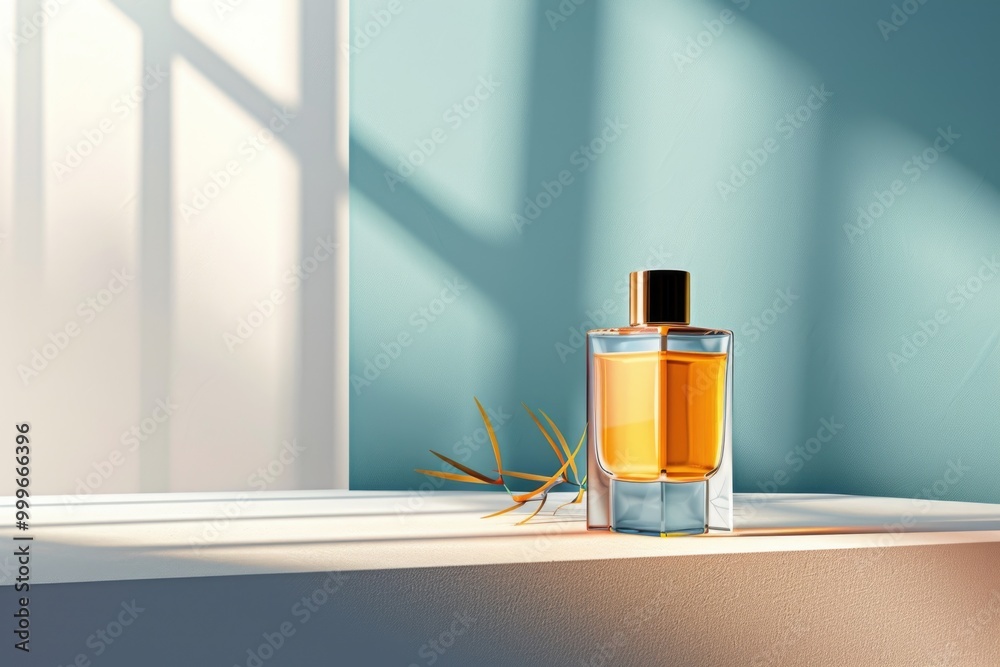 A bottle of perfume sits on a window sill, perfect for capturing the essence of your scene A bottle of perfume sits on a window sill, perfect for capturing the essence of your scene