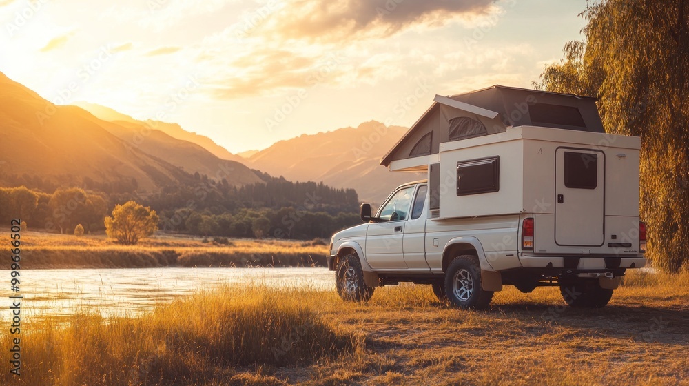 A camper truck parked by a serene river at sunset, ideal for outdoor adventures. A camper truck parked by a serene river at sunset, ideal for outdoor adventures.