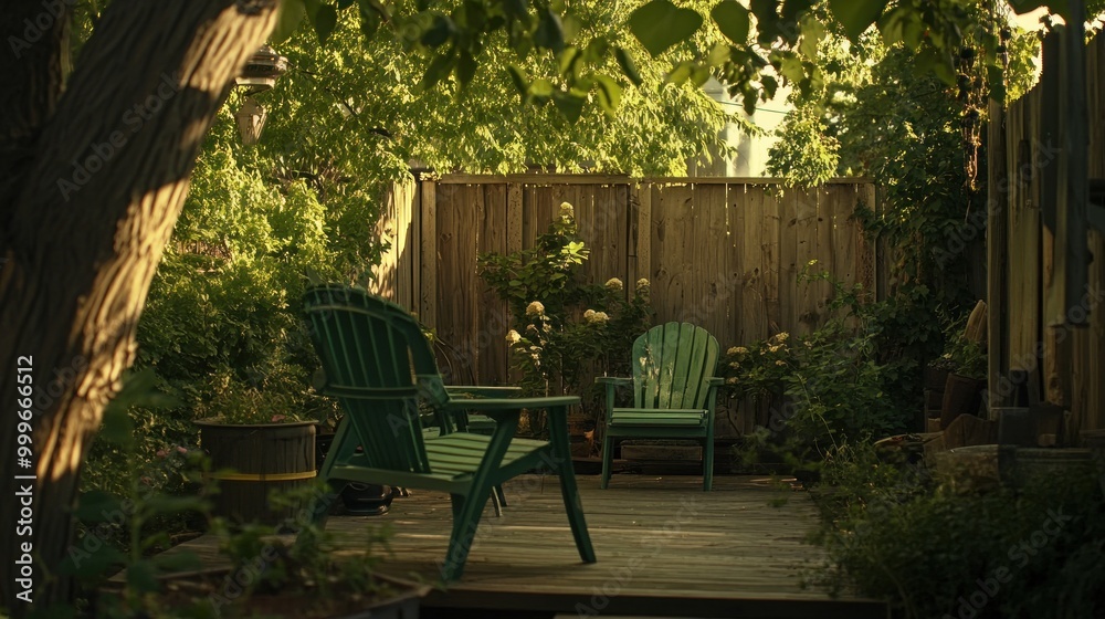 Obraz premium A serene garden scene with green chairs surrounded by lush plants and a wooden fence.