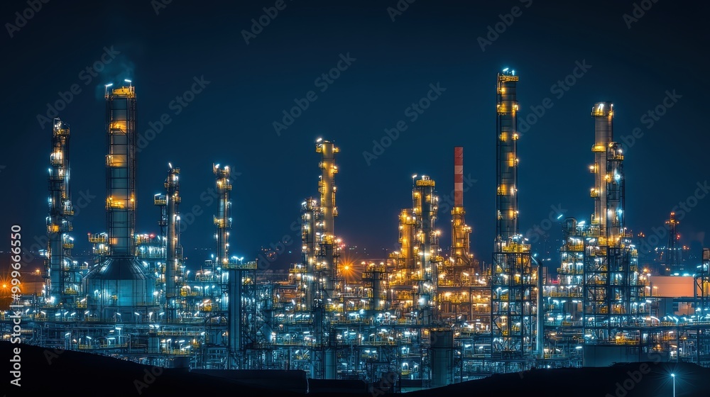 Obraz premium A night view of an industrial complex illuminated by numerous lights.