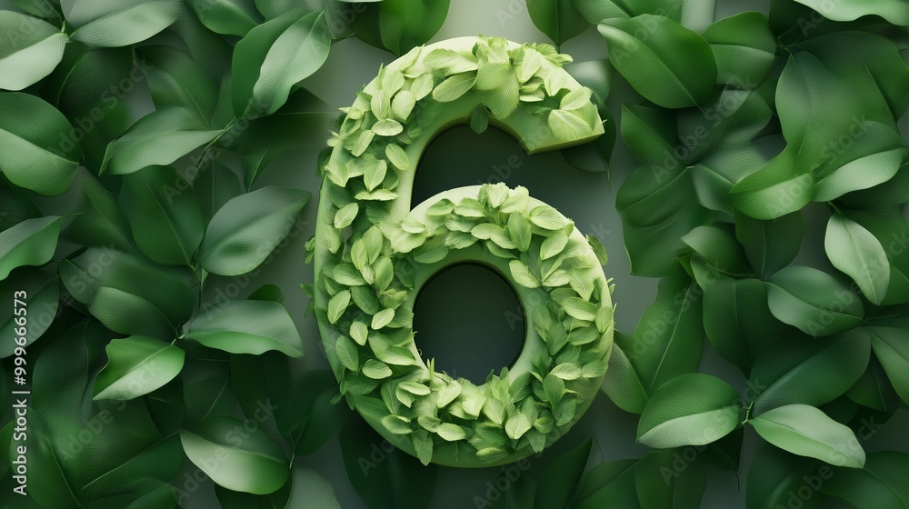 The number 6 is framed by a series of green leaves solid background The number 6 is framed by a series of green leaves solid background