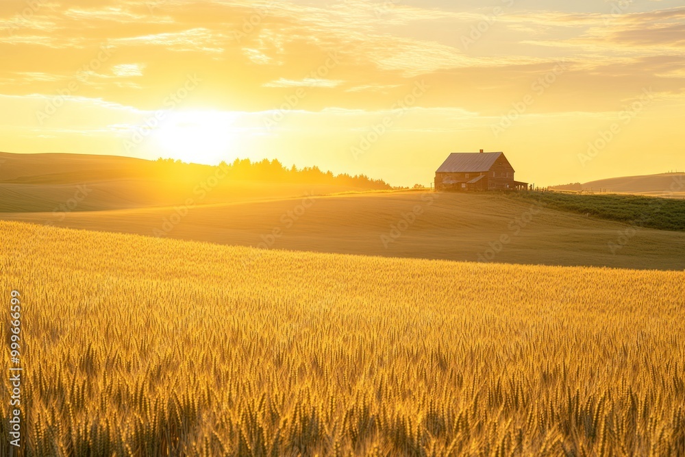 Fototapeta premium A serene landscape at sunset featuring a barn and golden fields.