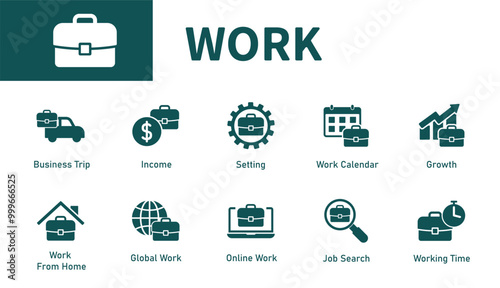 Work icon. Set of solid vector symbols on business, briefcase, work from home, working hours, growth, income.