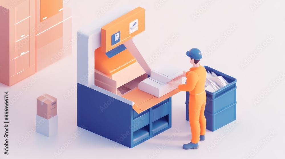 A worker operates a packaging machine in a modern warehouse setting.