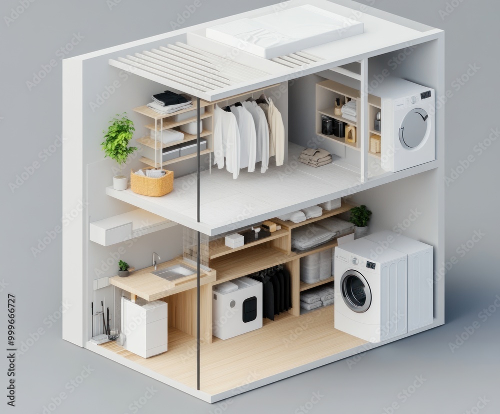 A modern, minimalist laundry and storage space with organized shelves and appliances. A modern, minimalist laundry and storage space with organized shelves and appliances.