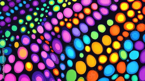 Polka dots in bright, neon colors, arranged in a random pattern, with a glowing effect, Psychedelic, Digital painting.