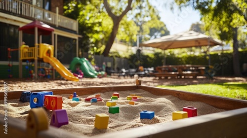 Wallpaper Mural A vibrant playground featuring a sandpit with colorful toys and play structures. Torontodigital.ca