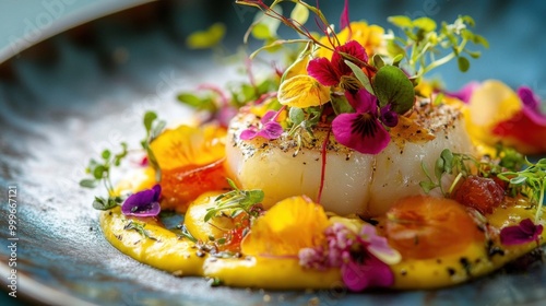 Close up of a gourmet dish, beautifully plated with vibrant colors, focus on fresh ingredients and presentation.