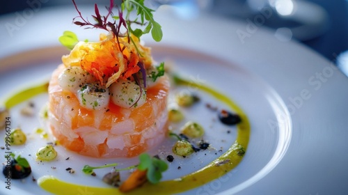 Close up of a gourmet dish, beautifully plated with vibrant colors, focus on fresh ingredients and presentation.