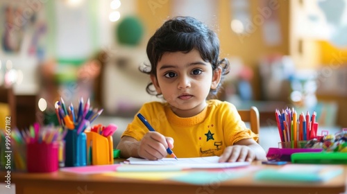 Child learning to write at home, sitting at a desk with colorful school supplies, supportive and nurturing environment.