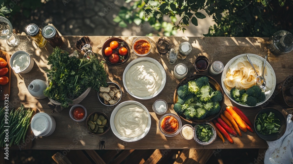 A vibrant spread of fresh vegetables and sauces on a wooden table, ready for meal preparation. A vibrant spread of fresh vegetables and sauces on a wooden table, ready for meal preparation.