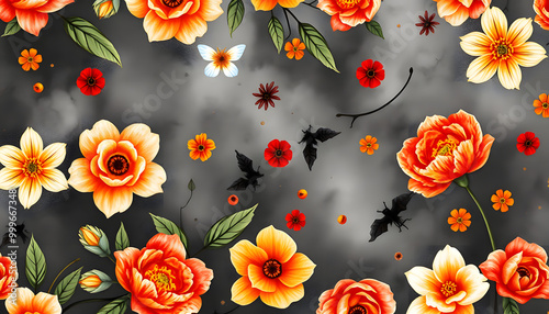 Wallpaper Mural Watercolor floral halloween pattern isolated with white highlights, png Torontodigital.ca