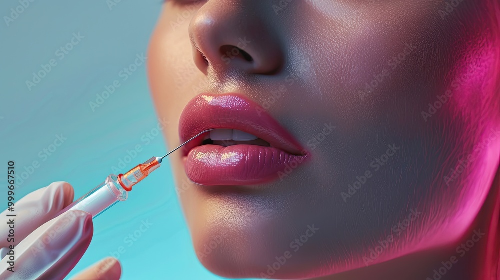 Obraz premium A beautiful model with flawless skin receiving lip filler injections from a doctor