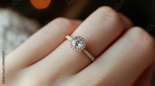 Close up of an engagement ring on a woman hand, romantic and special moment, focus on love and commitment.