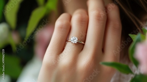Close up of an engagement ring on a woman hand, romantic and special moment, focus on love and commitment.