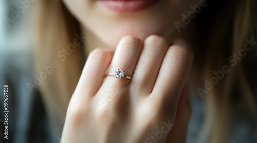Close up of an engagement ring on a woman hand, romantic and special moment, focus on love and commitment.