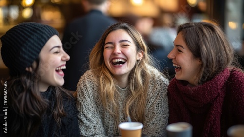 Friends laughing together at a cafe, candid moment, focus on friendship and happiness.
