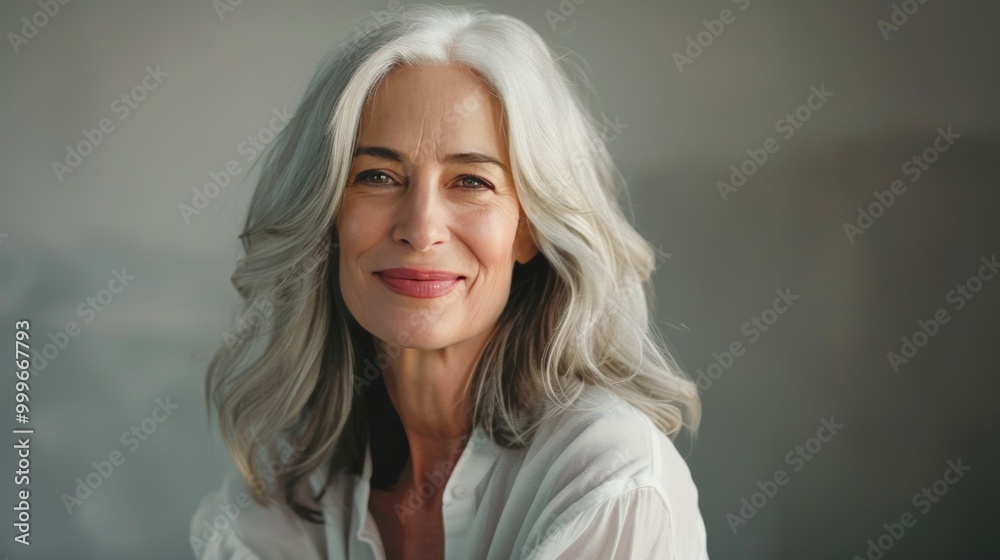 A highly detailed lifelike portrait of a happy older woman with white wavy hair