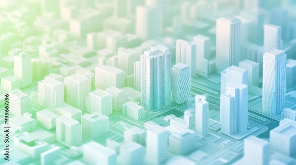 Fototapeta premium Urban planning concept with holographic overlays, digital art, green and blue tones, modern architecture.