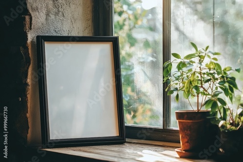 a blank frame leaned up against a window on a window sill