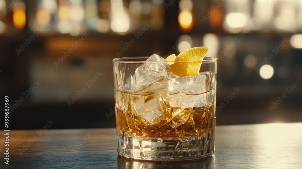A glass of whiskey on the rocks with a lemon twist, set in a warm bar atmosphere. A glass of whiskey on the rocks with a lemon twist, set in a warm bar atmosphere.