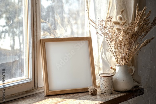 a blank frame leaned up against a window on a window sill