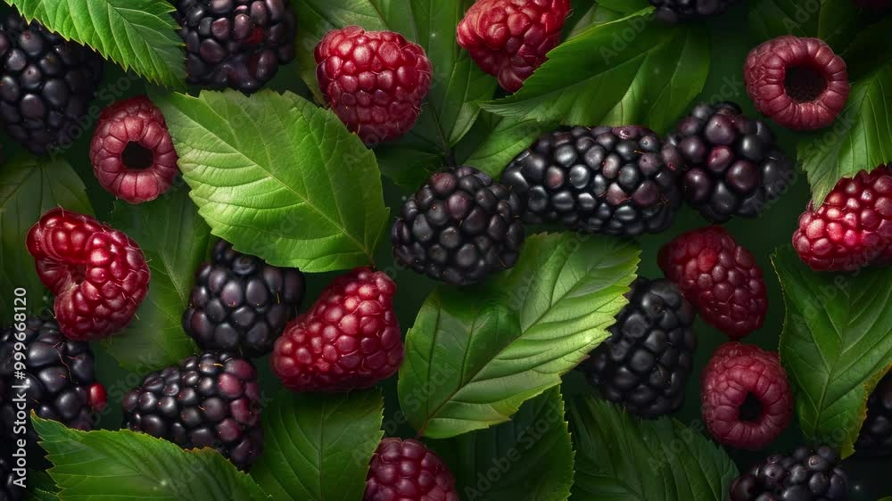 Close up of fresh berry fruit background with leaves, top view. Photorealistic high resolution macro photography for advertising or food design Close up of fresh berry fruit background with leaves, top view. Photorealistic high resolution macro photography for advertising or food design