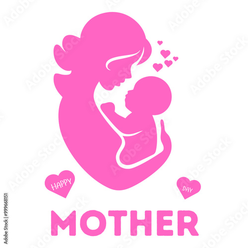Happy Mother's Day silhouette of mother and baby in pink, heartwarming design for greeting cards, posters, or print, celebrating motherhood and maternal love.