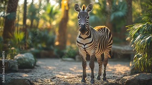 A zebra stands in a lush green forest, looking directly at the camera.