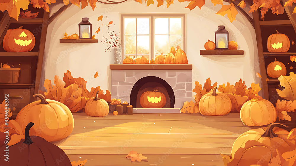 Obraz premium A cozy autumn scene with pumpkins, leaves, and a fireplace.