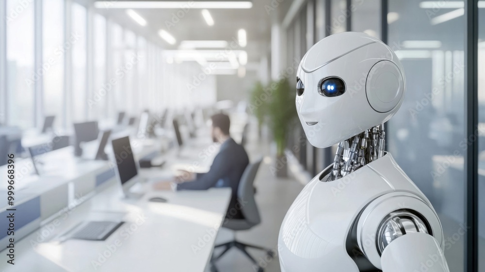 A hyper realistic robot assistant in a modern office, interacting with a human coworker. A hyper realistic robot assistant in a modern office, interacting with a human coworker.