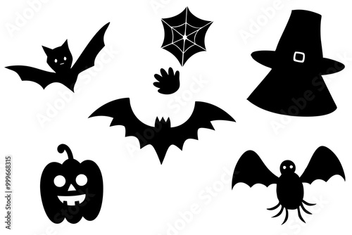 Halloween icons set in black color. Collection of Halloween silhouettes in white background. Halloween element set like hat, ghost, bat, spider etc.. Vector illustration. 