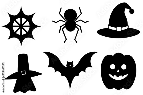 Halloween icons set in black color. Collection of Halloween silhouettes in white background. Halloween element set like hat, ghost, bat, spider etc.. Vector illustration. 