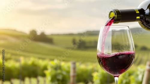 A glass of red wine being poured into a wine glass, with a rustic vineyard in the background.