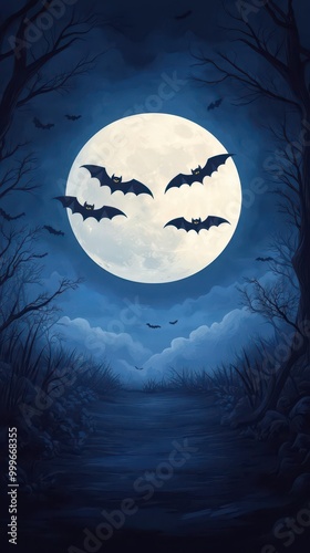 Peak October full moon, bats flying on Halloween, eerie atmosphere, flat design illustration