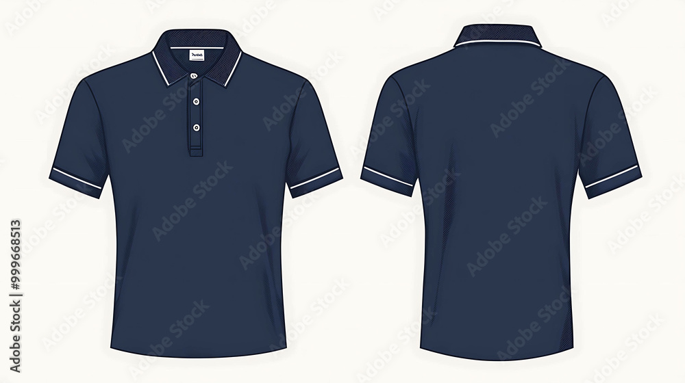 A blue polo shirt with white trim, front and back view. A blue polo shirt with white trim, front and back view.