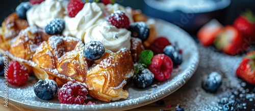 Homemade Croissant Waffle Croffles With Berries And Cream photo