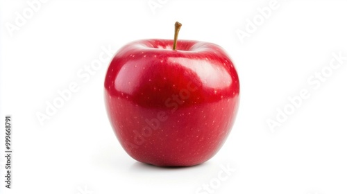 A single bright red apple with a glossy finish, isolated on a white background.