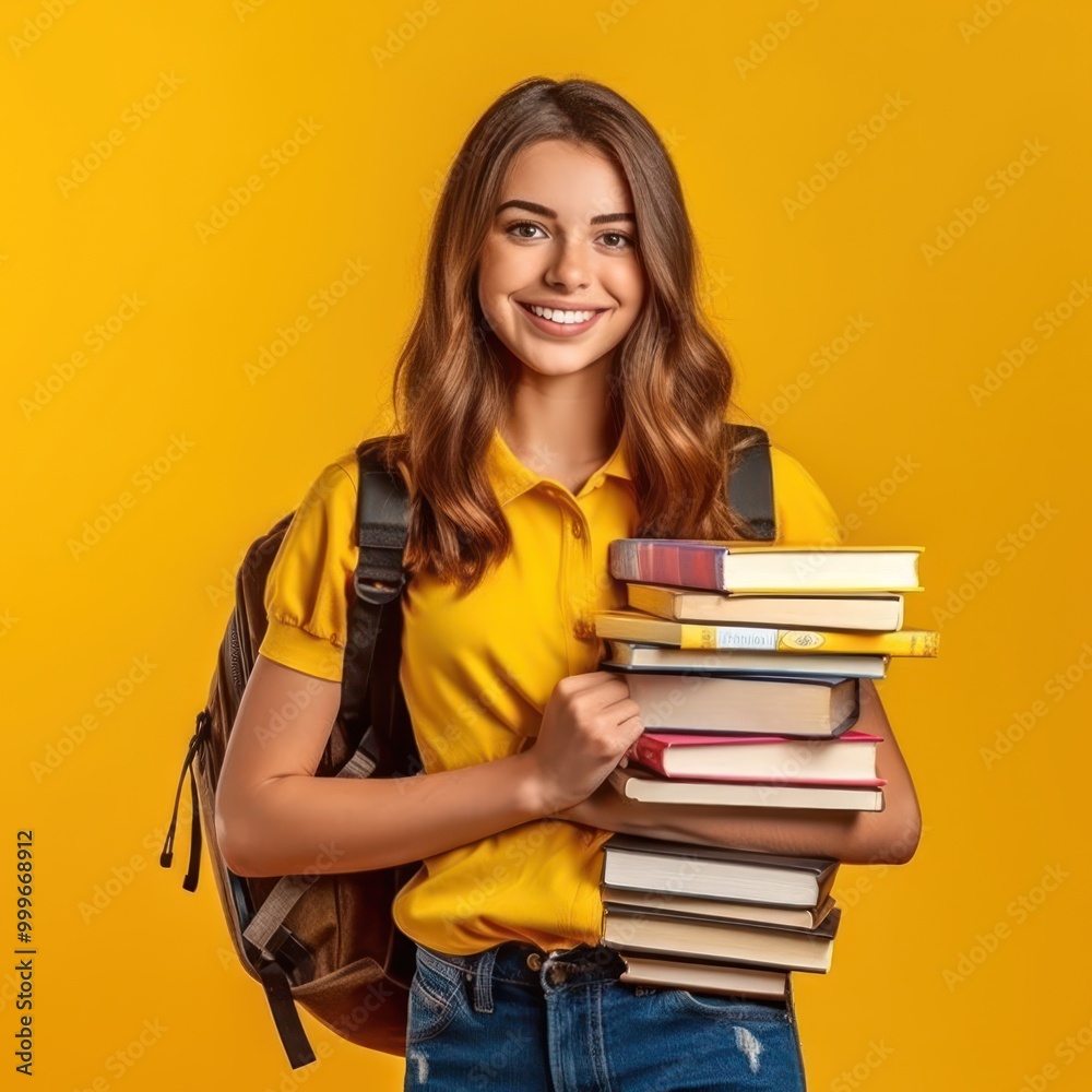 Smiling Student Girl Holding Books and Backpack on Yellow Background Smiling Student Girl Holding Books and Backpack on Yellow Background