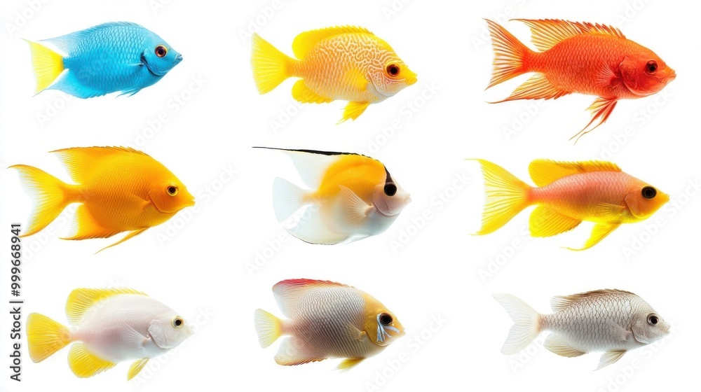 Fototapeta premium A group of colorful tropical fish swimming, isolated on a whitebackground.