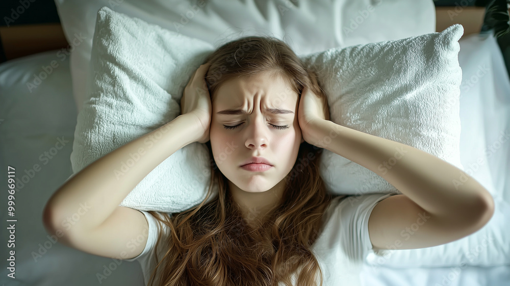 Fototapeta premium Frustrated Girl Using Pillow to Block Alarm Sound in Her Bedroom.