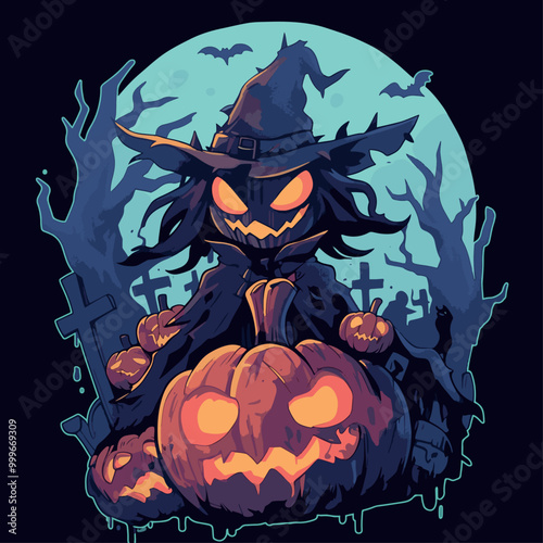 Wicked witch scarecrow. Halloween vector sticker