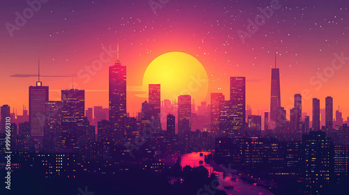 A vibrant cityscape skyline with a large yellow sun and purple and orange sky.