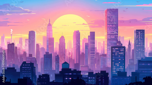 Wallpaper Mural A city skyline at sunset, with a large, glowing sun in the sky. Torontodigital.ca