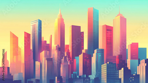 A colorful illustration of a modern city skyline at sunset.