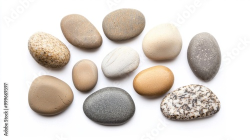 A cluster of smooth river stones arranged in a natural pattern, isolated on a white background.