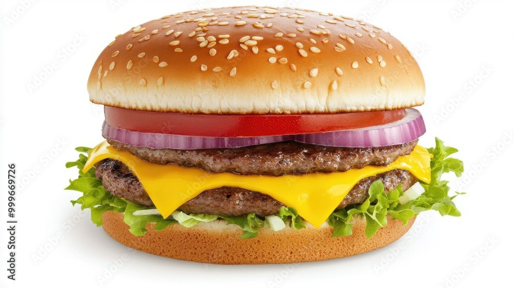 A detailed image of a cheeseburger with all toppings, isolated on a white background. A detailed image of a cheeseburger with all toppings, isolated on a white background.