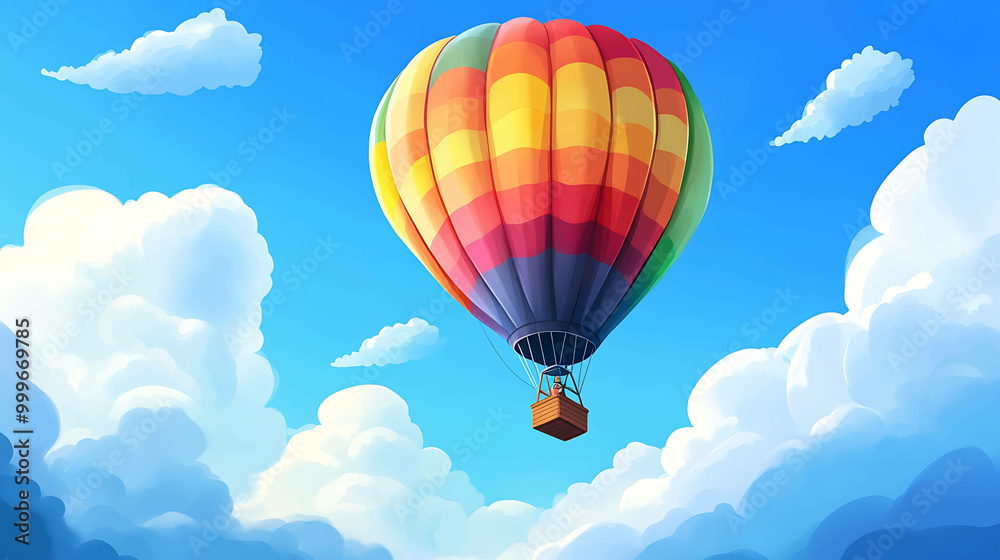 Obraz premium Colorful hot air balloon floating in a blue sky with fluffy white clouds.
